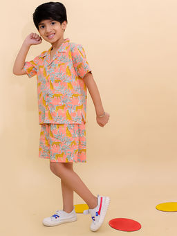 BownBee - Summer Short Sleeve Pure Cotton Printed Shorts and Shirt -Peach (Set of 2)