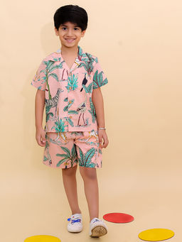 BownBee - Summer Short Sleeve Pure Cotton Printed Shorts and Shirt -Pink (Set of 2)