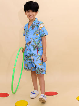 BownBee - Summer Short Sleeve Pure Cotton Printed Shorts and Shirt -Sky Blue (Set of 2)