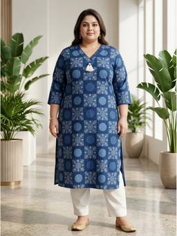 Swasti - Women Plus Size Cotton Blue Kurta