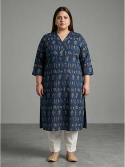 Swasti - Women Plus Size Cotton Blue Kurta