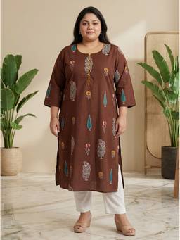 Swasti - Women Plus Size Cotton Brown Kurta