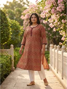 Swasti - Women Plus Size Cotton Rust Kurta