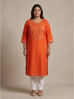 Swasti - Women Plus Size Cotton Blend Orange Kurta