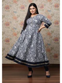 Yash Gallery - Women's Cotton Floral Print Anarkali Blue Kurta