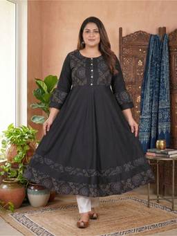 Yash Gallery - Women's Rayon Bandhej Print Anarkali Black Kurta
