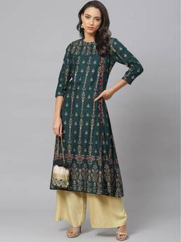Yash Gallery - Women's Rayon Floral Print Anarkali Green Kurta