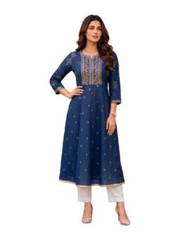 Rangita - Women Navy Blue Embroidered Kurta