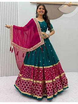 Kedar Fab - Women's Georgette Blue Sequins Embroidered Semi Stitched Lehenga and Blouse with Dupatta