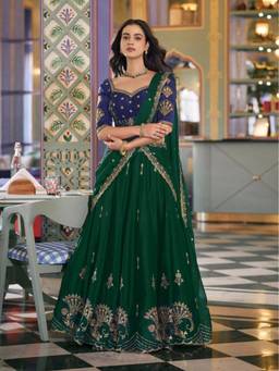 Kedar Fab - Women's Green Sequins Embroidered Semi Stitched Lehenga and Blouse with Dupatta