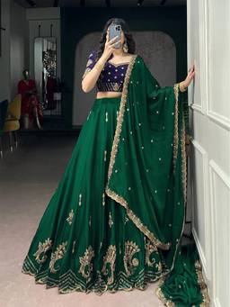Kedar Fab - Women's Green Embroidered Sequins Semi Stitched Lehenga and Blouse with Dupatta