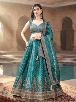 PURVAJA - Women's Green Floral Stitched Lehenga and Unstitched Blouse with Dupatta