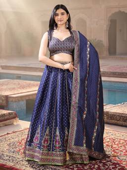 PURVAJA - Women's Floral Navy Blue Stitched Lehenga and Unstitched Blouse with Dupatta