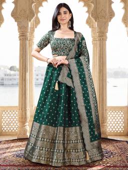 PURVAJA - Women's Woven Green Stitched Lehenga and Unstitched Blouse with Dupatta