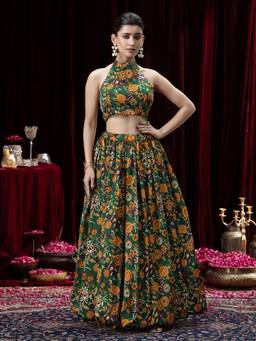 PURVAJA - Women's Floral Green Stitched Lehenga and Unstitched Blouse with Dupatta