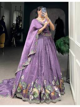 Kedar Fab - Women's Embroidered Lavender Semi Stitched Lehenga and Blouse with Dupatta