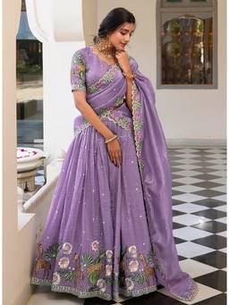 Kedar Fab - Women's Lavender Embroidered Semi Stitched Lehenga and Blouse with Dupatta