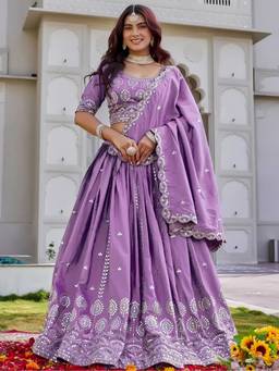 Kedar Fab - Women's Lavender Sequins Embroidered Semi Stitched Lehenga and Blouse with Dupatta