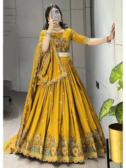 Kedar Fab - Women's Mustard Sequins Embroidered Semi Stitched Lehenga and Blouse with Dupatta