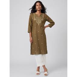 max - Women Embroidered Straight Grey Kurta