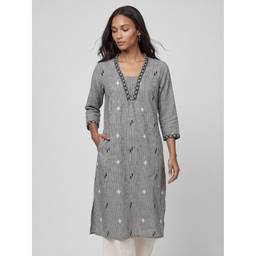max - Women Embroidered Straight Grey Kurta