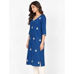 max - Women Embroidered Straight Blue Kurta