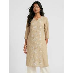 max - Women Embroidered Straight Beige Kurta