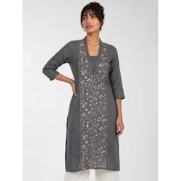 max - Women Embroidered Straight Grey Kurta