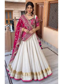 Kedar Fab - Women's White Sequins Embroidered Semi Stitched Lehenga and Blouse with Dupatta