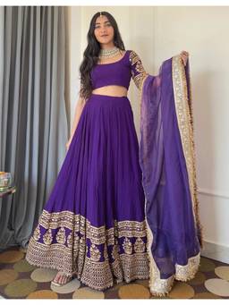 Kedar Fab - Women's Purple Sequins Embroidered Semi Stitched Lehenga and Blouse with Dupatta