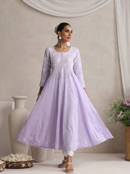Shwet Heritage - Hand Embroidered Lucknowi Chikankari Lavender Kali Kurta