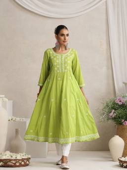 Shwet Heritage - Hand Embroidered Lucknowi Chikankari Green Pintuck Kali Kurta