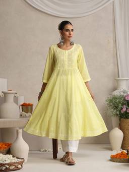 Shwet Heritage - Hand Embroidered Lucknowi Chikankari Yellow Pintuck Kali Kurta