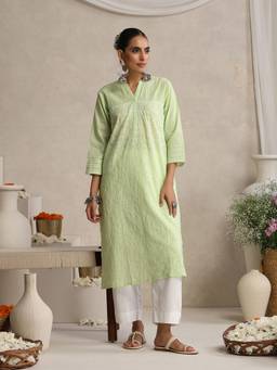 Shwet Heritage - Hand Embroidered Lucknowi Chikankari Green Pintuck Kurta