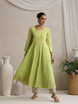 Shwet Heritage - Hand Embroidered Lucknowi Chikankari Green Kali Kurta