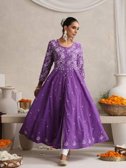 Shwet Heritage - Hand Embroidered Lucknowi Chikankari Purple Kali Kurta