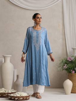 Shwet Heritage - Hand Embroidered Lucknowi Chikankari Blue Modal Kurta