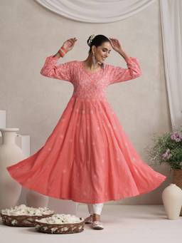 Shwet Heritage - Hand Embroidered Lucknowi Chikankari Pink Mukaish Kali Kurta