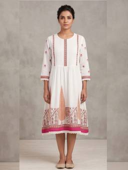 M MARCH LABEL - Women White Mulmul Hand Block Printed Knee Length Dress