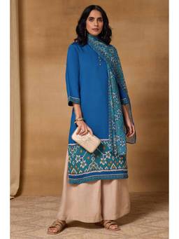 Rangriti - Blue Viscose Blend Straight Printed Kurta with Scarf