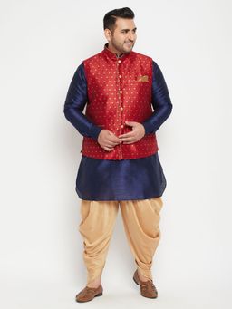 Vastramay - Men Navy Blue Silk Blend Jacket Kurta Pyjama