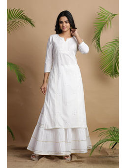 Juniper - White Ethnic Motif Printed Cotton Voile Straight Women Kurta with Thread Work Embroidery
