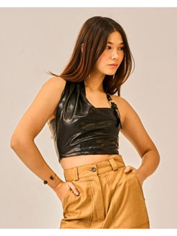 True West - Women Textured Black Faux Leather Halter Crop Top