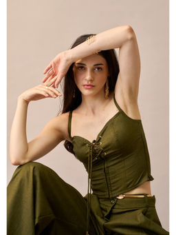 True West - Women Lace-Up Corset Style Olive Fitted Crop Top