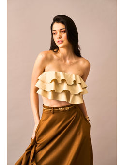 True West - Women Ruffled Off Sholder Beige Crop Top
