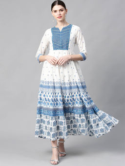 Juniper - Blue Ethnic Motif Printed Pure Cotton Tiered Maxi Dress with Sequins & Thread Work Embroidery