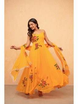 DEASHA INDIA - Aboli Yellow Hand painted Anarkali Kurta with Pant and Dupatta