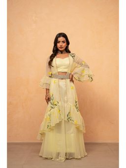 DEASHA INDIA - Anira Cream Hand painted Belted Lehenga with Stitched Blouse and Jacket