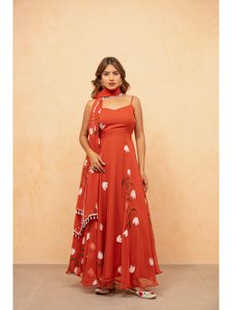 DEASHA INDIA - Ihina Orange Hand painted Anarkali Kurta with Pant and Dupatta