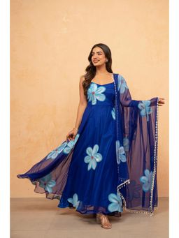 DEASHA INDIA - Isharya Blue Hand painted Anarkali Kurta with Pant and Dupatta
